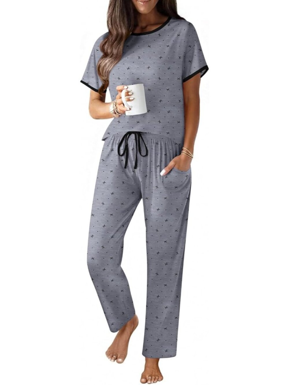 Women Grey Bow Heart Cotton Short Sleeve Shirt Soft Lounge 2 Piece Pajamas Sets